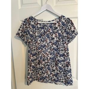 LOFT, Size S, Floral Print Short Sleeve Top, Blue,‎ White, Orange